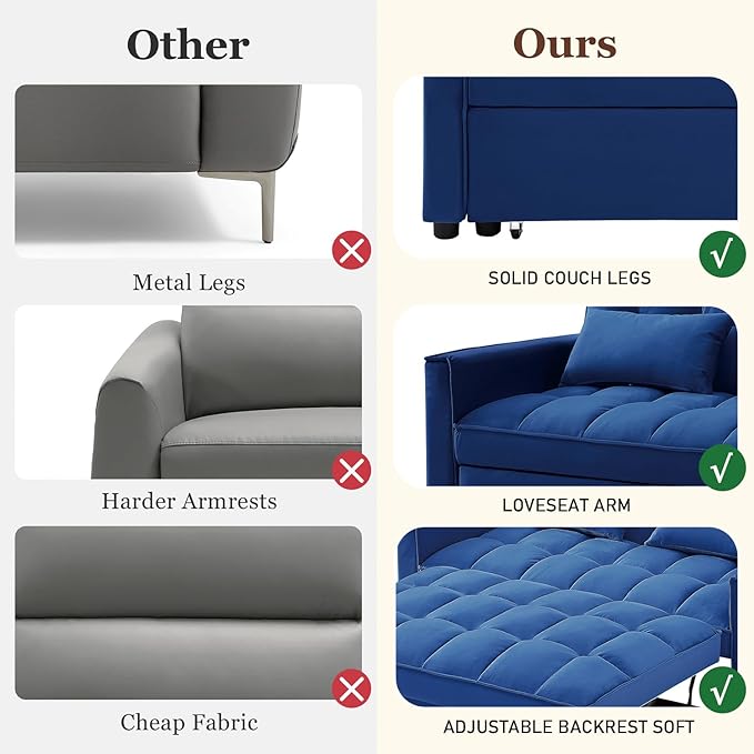 3 in 1 Convertible Sleeper Sofa Futon BedModern Velvet Pull Out Couch Bed with Reclining Backrest&amp2 Pillows54 Full Size Small Love Seat Lounge Couches for Small SpacesLiving Room (Dark Blue)