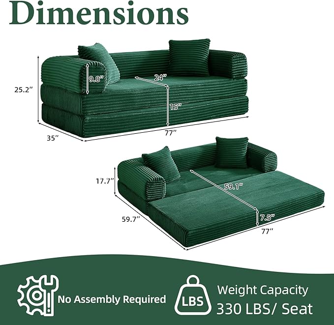 Convertible Futon Sofa Bed Fold Out Floor Sofa Couch with Sleeper SofaFolding Boneless Couches with Deep SeatCloud Corduroy Foldable Mattress Couch for Living Room (Green)
