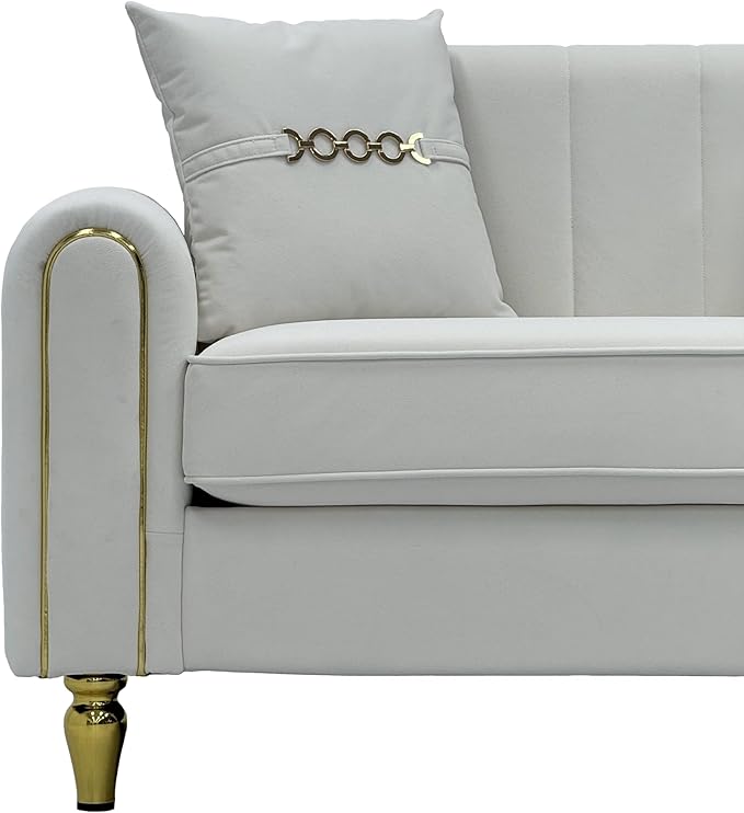 87.5 Modern 3-Seater Velvet Couch with Metal Legs &amp Decorative Pillows High Resilience Sponge Spring Seat Luxury Sectional Loveseat Sofa for Living Room Apartment Small Space Beige