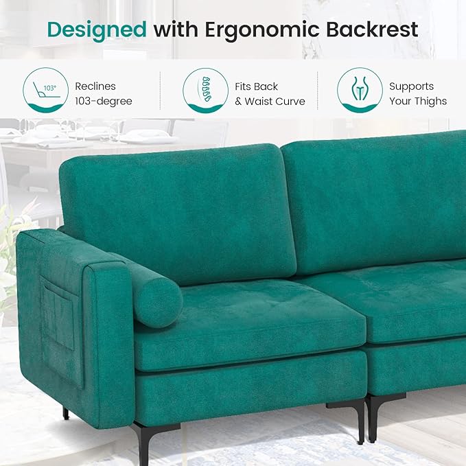 Giantex 97 Sectional Sofa Couch 3-Seater Modular Sleeper with 5 Thick Cushion Bolsters Armrest Magazine Pocket Metal Legs Modern Apartment Family Living Room Reception Bedroom Office