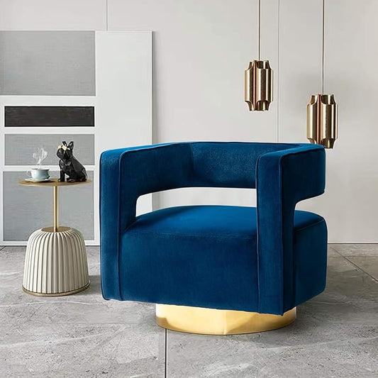 TINA'S HOME Swivel Accent Barrel Chair Modern Velvet Armchair with 3D Curved Open Back &amp Swivel Gold Metal Base Upholstered Club Chair for Living Room Bedroom Nursery Navy(No Assembly Required)