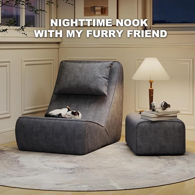 Giant Bean Bag Chair for Adults - Indoor Chaise Lounge with Neck Pillow &amp Ottoman All-in-One Sponge Design Comfy Floor Chair for Reading Gaming Napping and Movies (SlateGray)
