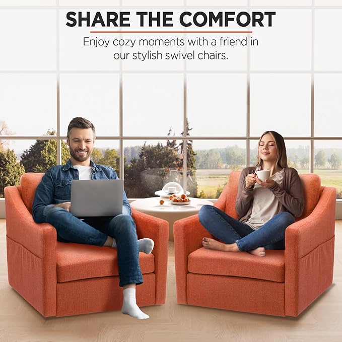 HOMREST 360° Swivel Accent Chair Single -Terracotta Orange Linen Fabric Armchair with Lumbar Pillow &amp Storage Pockets Ergonomic Barrel Chair for Living Room Office Bedroom
