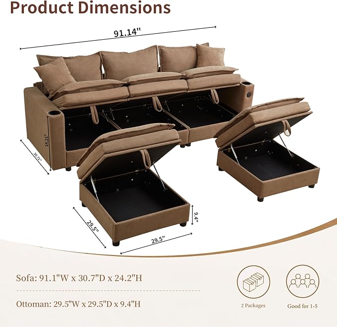 92 U-Shaped Sectional Couch for Living Room Cloud Modular Sofa with Large Storage Ottoman 5-Seat Fluffy Chenille Couch for Bedroom Brown