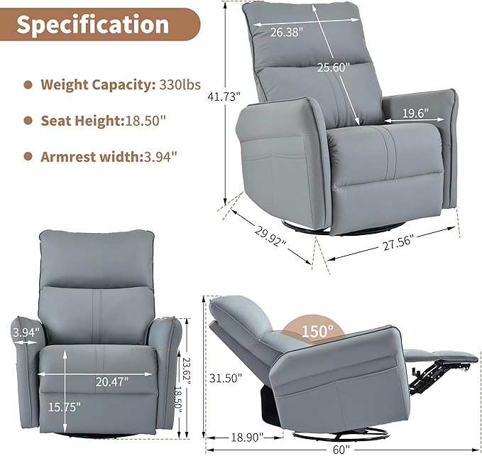270° Power Swivel Rocker Recliner Chair for Adults – Electric Reclining Small Sofa Chair with Smooth Rocking &amp Rotation Comfortable Single Recliner for Living Room Bedroom (Blue)