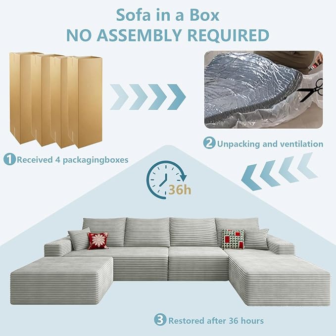 136 U Shaped Cloud Sectional Couch with Fluffy Corduroy Deep Memory Foam Seats Sofa with 1 Ottoman for Living Room No Assembly Required(GreyRight-Facing Chaise)