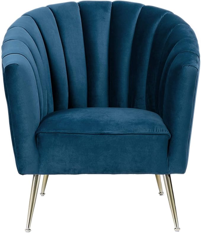 Manhattan Comfort Rosemont Velvet Accent Armchair Scalloped Chair with Mid-Century Modern Shell-Style with Wraparound Back Vertical Channeling Ideal for Living Room Use Set of 1 Blue