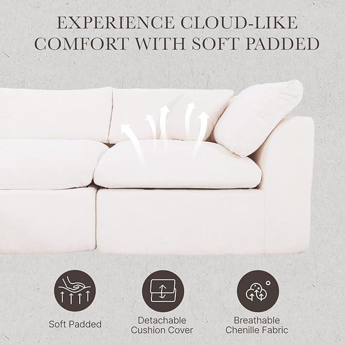 Modular Sectional Cloud Sofa Couch 110” L-Shape Wide Armrest 3 Seats Couch Free Combination Compressed Sofa for Living Room BedroomNo Assembly Needed (White 3 Seats)