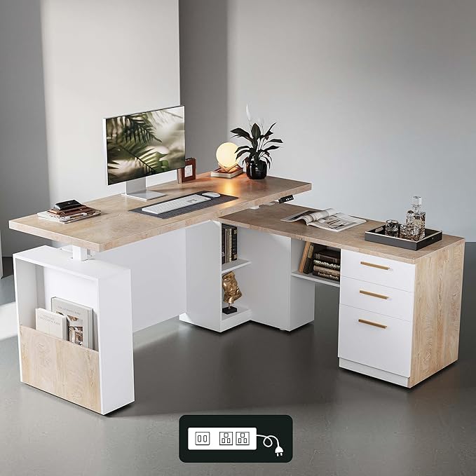 63 Standing Desk with File Cabinet Privacy Panel AC/USB 1.18 Desktop Executive L Shaped Height Adjustable Electric Stand Up Desk Home Office Table with 3 Drawers Light Walnut