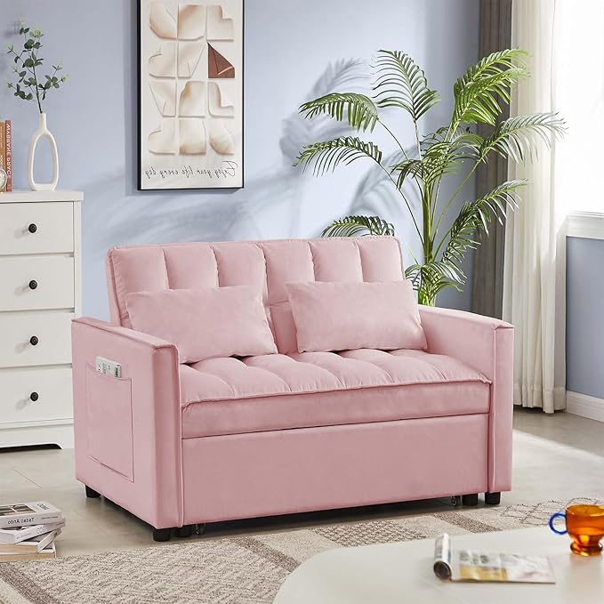 Sleeper Sofa Couch w/Pull Out Bed 53 Modern Velvet Convertible Sleeper Sofa Bed Small Love seat Sofa Bed with 2 Pillows &amp Side Pockets for Small Space Living Room Apartment Pink