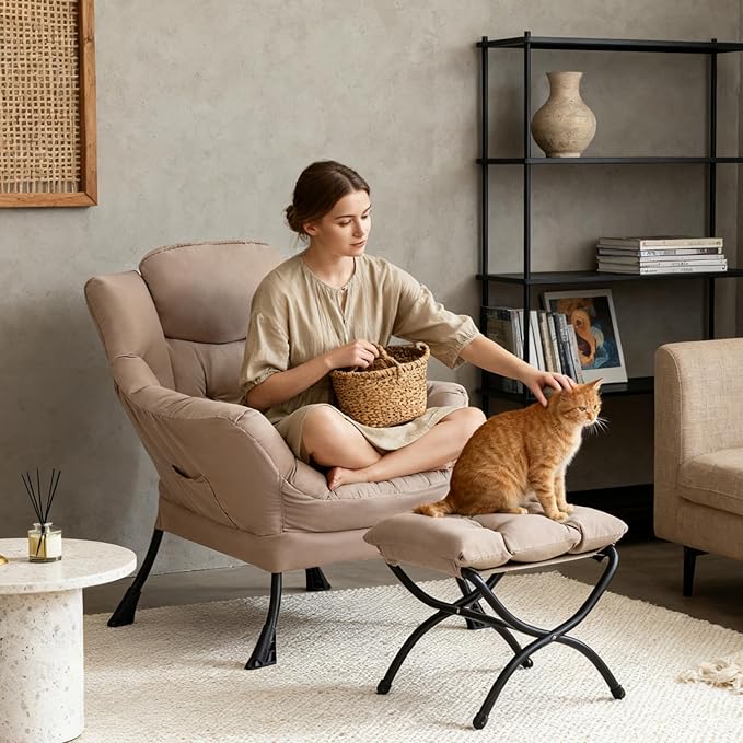 Tiita Lazy Chair with Ottoman Khaki Modern Large Accent Chair Comfy Leisure Sofa Armchair with Ottoman Reading Chair with Footrest for Bedroom Living Room Dorm Rooms Khaki