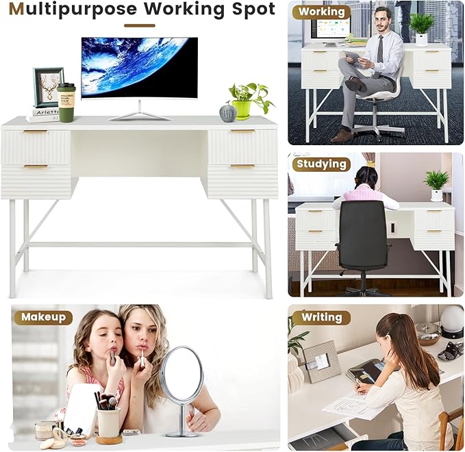 Tangkula White Desk with 4 Drawers 48 Inch Home Office Desk with Storage Modern Computer Desk Study Writing Desk with Metal Frame for Bedroom Study Office