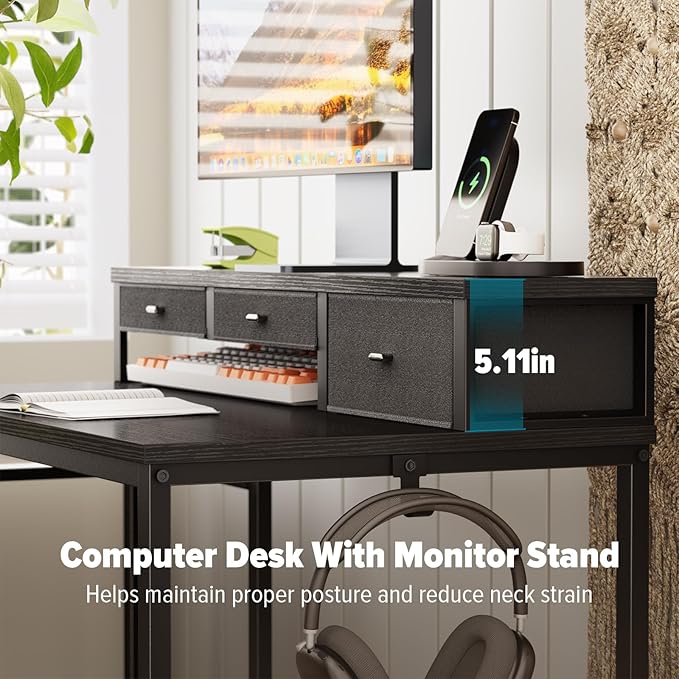 SINPAID 47 inch Computer Desk with Printer Shelf Gaming Desk with Monitor Stand and Drawers Reversible Home Office Desk with Storage Shelves and 2 Hooks Home Workstation for Study Writing Black