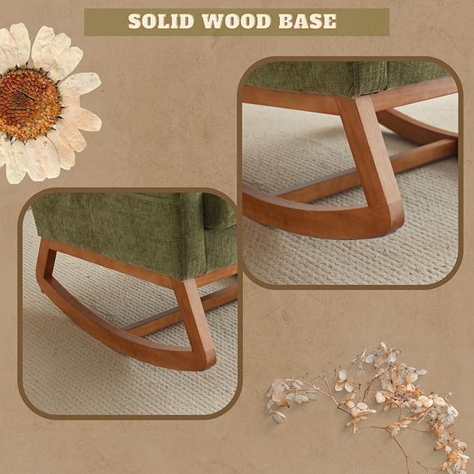 VINGLI Olive Chenille Rocking Chair Nursery with Thick Headrest Upholstered Mid-Century Modern Nursing Rocker Glider with Curved Armrest Sturdy Solid Wood Base for Living Room Bedroom Baby Room