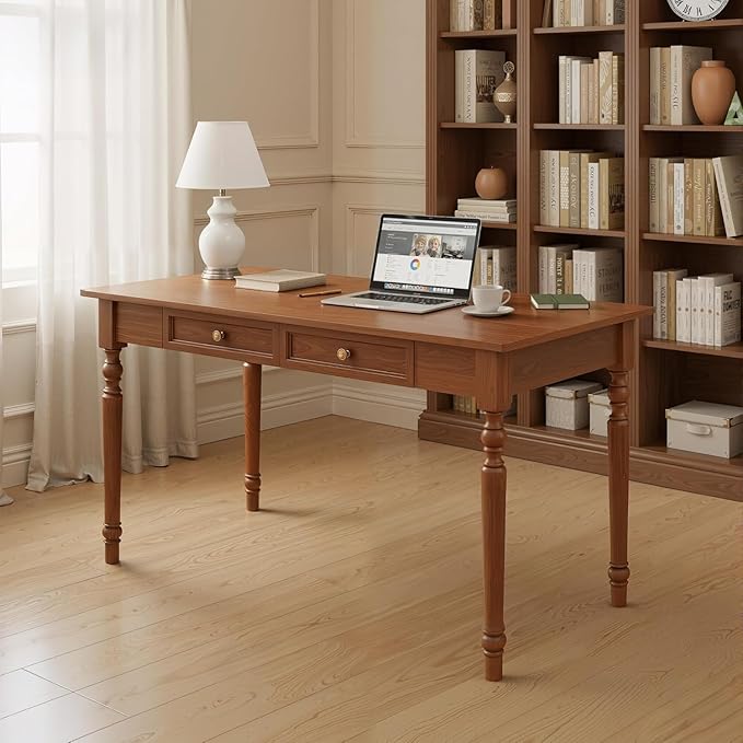 47 Inch French Country Writing Desk Solid Wood Farmhouse Computer Desk with 2 Drawers Easy Assembly Walnut Office Desk for Home Office Study or Bedroom (Walnut Wood Color)