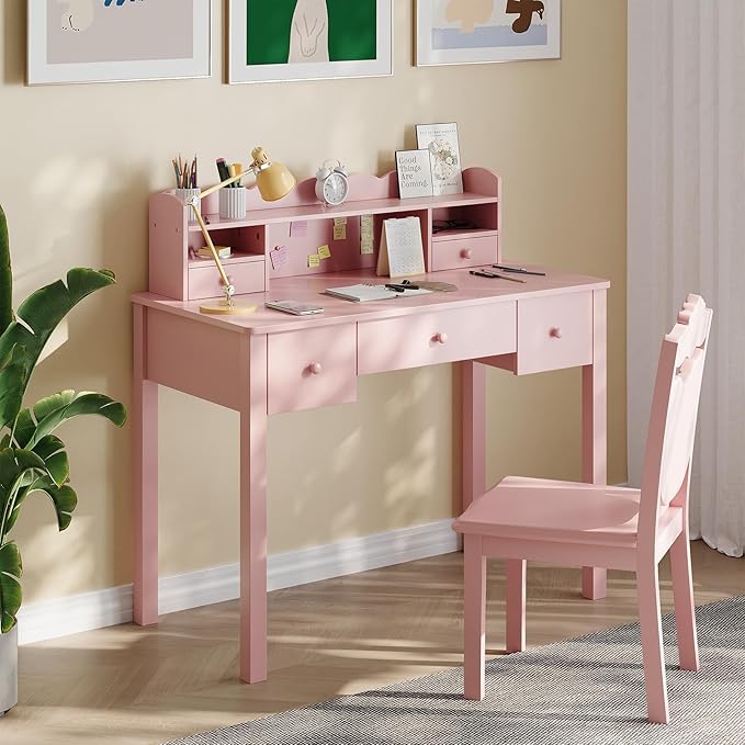 Pink Writing Desk with Hutch &amp 5 Drawers - 40 Inch Modern Computer Workstation for Home Office Teen Desk Small Study Desk Ideal for Gift