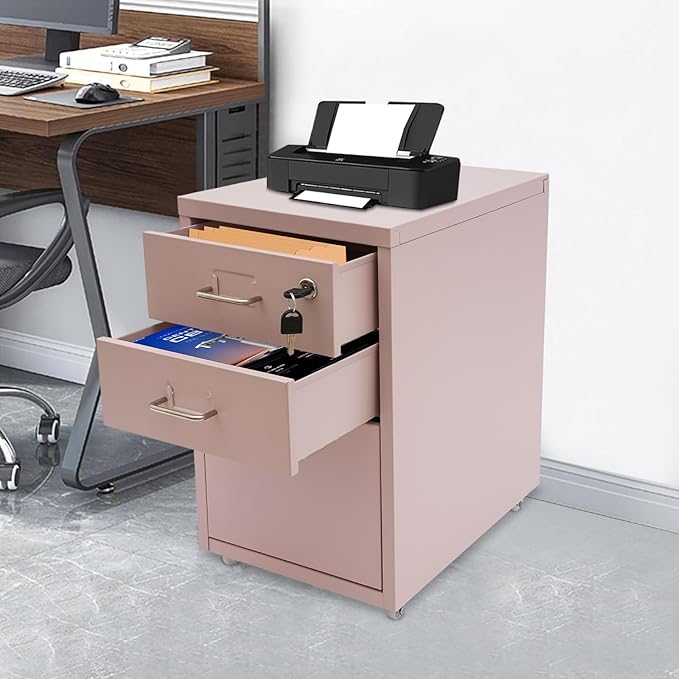 3-Drawer Vertical File Cabine Pink Metal Mobile Filing Cabinet Under Desk with Lock and Wheels Under Desk Metal Filing Cabinet for Office and Home - Assembly Required