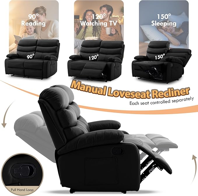 Manual Reclining Loveseat Leather 2 Seat Reclining Sofa Chair with Overstuffed Arms Loveseat Recliner Sofa Hidden Storage for for Living Room RV Home Theater Apartment Black