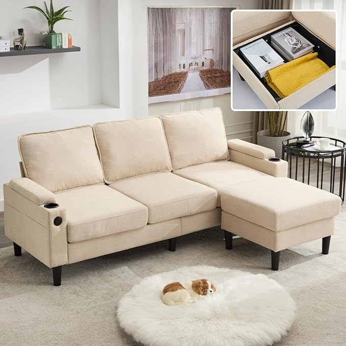 78 3 Seater Couch with Storage Ottoman/Cup Holders/USB Gray Small Sectional Couches for Living Room Cloud l Shaped Sofa for Small Spaces Apartment (Beige)