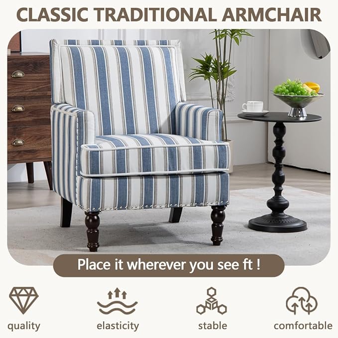 Striped Accent Chair Upholstered Armchair &amp Blue Side Chair for Living Room Bedroom Modern Farmhouse|Wood Legs