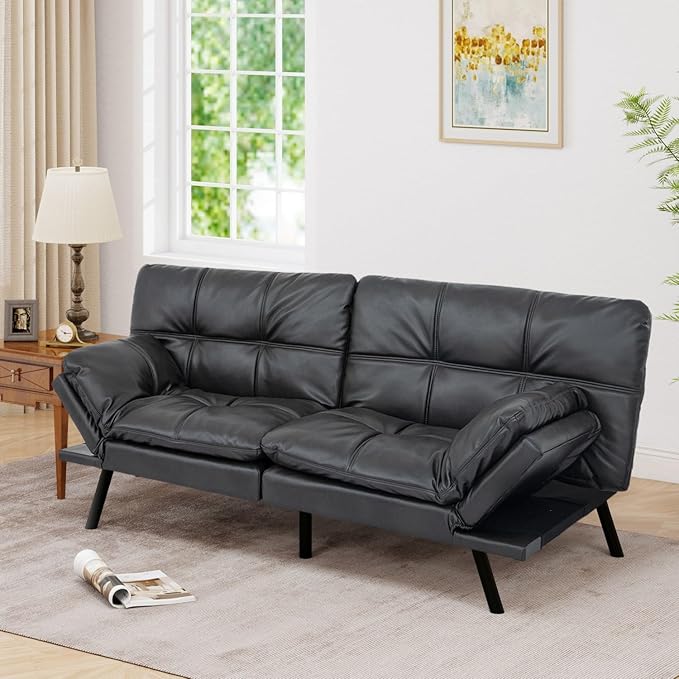 MUUEGM 71 Convertible Futon Sofa Bed Multi-Position Adjustable Back &amp Arms Space-Saving Comfortable Sleeper Couch Modern Loveseat for Urban Apartments &amp Offices – Matte Black