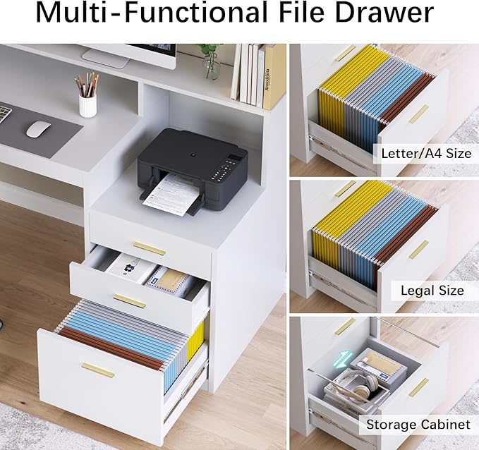 Computer Desk with 3 Drawer &amp Storage Shelves Home Office Desk with File Drawer &amp Cabinet Writing Study Table with Long Monitor Stand &amp Printer Shelf Executive Desk White