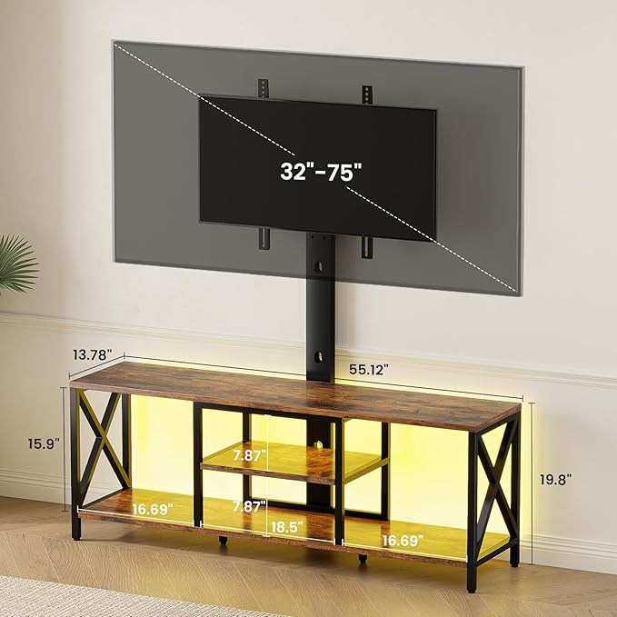 TV Stand with Mount and LED Lights Universal TV Stand Mount for 32-75 inch TV Entertainment Center with Storage Metal TV Console Table Height Adjustable TV Stands for Living Room Rustic Brown