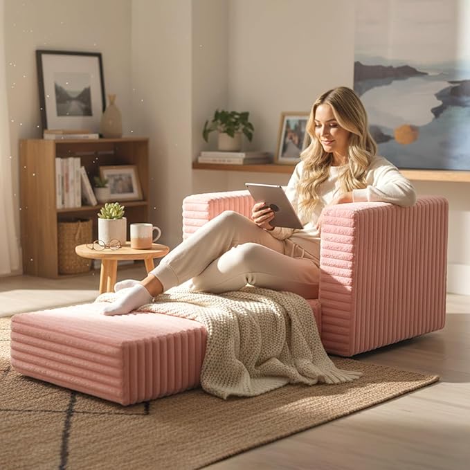 Welnow Folding Sofa Bed with Ottoman Convertible 2-in-1 Boneless Couch Futon Lounge Chair Bed for Adults Comfy Fold Out Sleeper Sofa for Small Spaces Living Room Bedroom or Dorm Pink