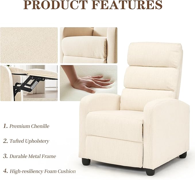 Furnimart 2-Piece Manual Recliner Chair for Small Spaces Chenille Reclining Chair with Chunky Cushion Comfortable Single Sofa for Adults Ideal for Living Room Bedroom Home Theater Beige