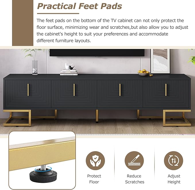 Merax Modern TV Stand with Metal Legs Gold Handles Geometric Lines and Adjustable Shelves for TVs Up to 80'' Media Console Table Luxury Storage Cabinets for Living Room Black