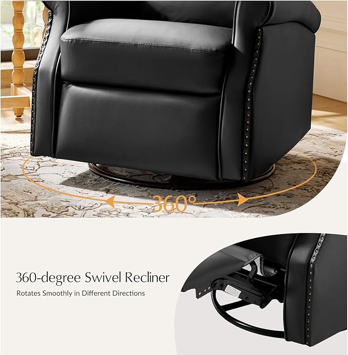 HULALA HOME Faux Leather Swivel Rocker Recliner with Adjustable Backrest and Footrest Push Back Recliner Chair with Nailhead Trim 360° Swivel Glider Rocking Chair for Living Room Bedroom Black