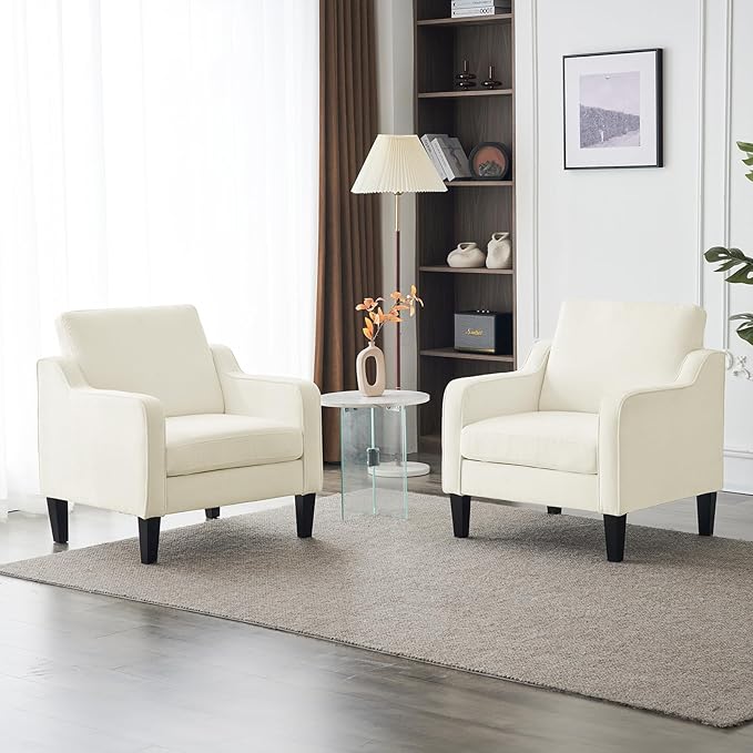 VINGLI Living Room Chairs White Accent Chair Soft Chenille Comfy Arm Chair Mid Century Modern Sofa Chair for Small Spaces Bedroom Home Offfice Apartment Lounge (Creamy White)