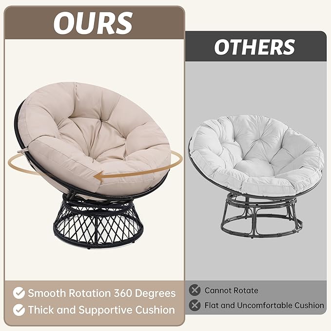 46 Giant Oversized Ergonomic Rattan Papasan Chair with Soft Thick Cushion for Adults Fluid 360° Swivel Waterproof Black Frame with Beige Cushion
