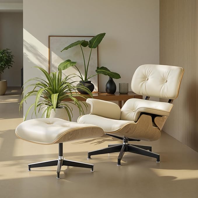 Top Cream White Grain Leather Mid Century Chaise Lounge Chair and Ottoman Modern Chair Classic Design Ash Wood Heavy Duty Base Support for Living Room Office