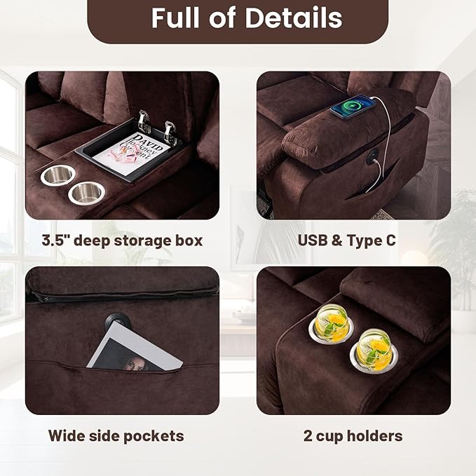 Power Reclining Loveseat with Console Electric Double Recliner with USB/Type C/Side Pocket/Cup Holders RV Recliners Wall Hugger Reclining Loveseat for Living Room &amp RV &amp Home Theater