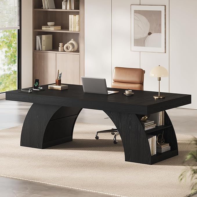 70.9 Inch Executive Desk Large Office Desk with Power Outlet &amp Storage Shelves Modern Aesthetic Computer Desks Wood Writing Table Workstation Business Furniture for Home Office (Black)