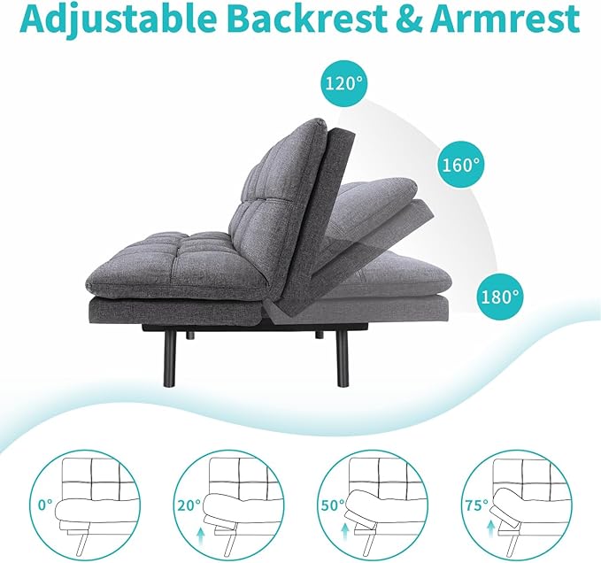 MUUEGM 71 Futon Sofa Bed with Memory FoamFuton Couch with Adjust Backrest and Armrest Couches Bed for Living RoomStudios Apartments Dormitories Offices and Game Rooms. Dark Gray Sofa Bed