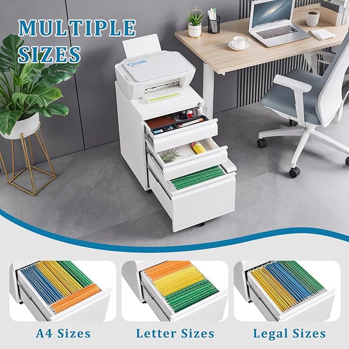 3 Drawer Mobile File Cabinet with Lock Under Desk Metal Filing Cabinets for Home Office Organizer Letters/Legal/A4 Metal Filing Cabinet to be Installation Required (White)