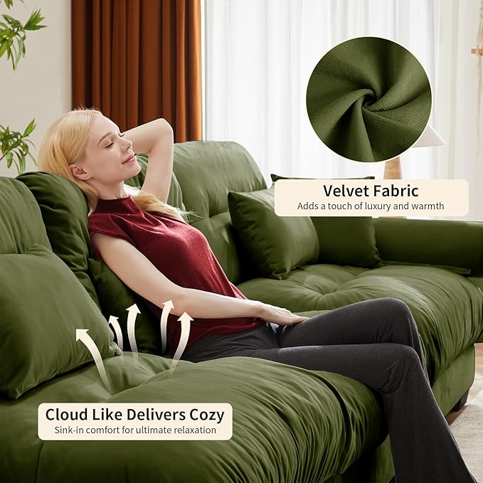 166 Large Sectional Couches for Living Room Cloud Modern Modular Deep Seat Sofa Set Comfy Couches with 2 Ottomans Velvet Fluffy 4 Seater Sofas for Bedroom Apartment U Shaped Olive