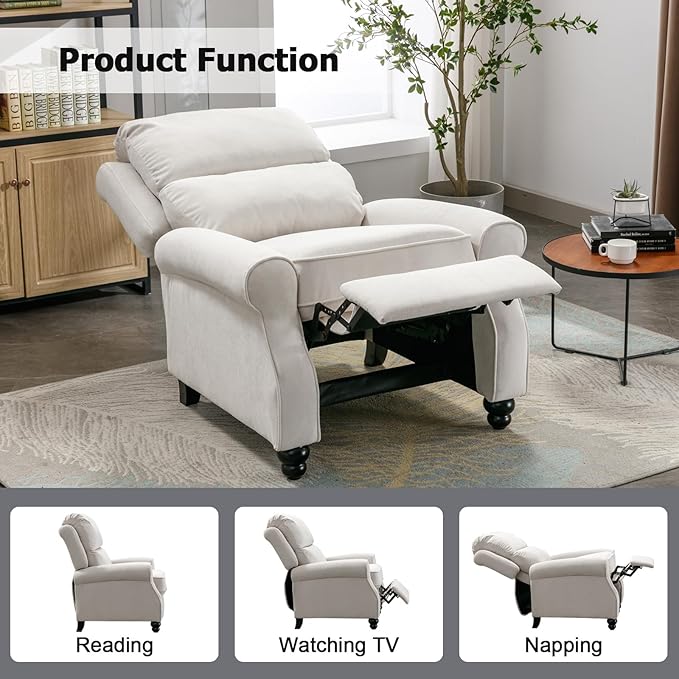 Push Back Recliner Chair Fabric Armchair Overstuffed Pushback Recliner Heavy Duty Single Sofa Chair with Padded Seat Solid Wood Legs for Living Room (White)