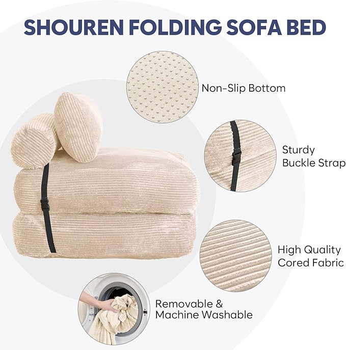 SHOUREN Folding Sofa BedConvertible Sleeper Chair Bed with PillowFoldable Futon Couch Mattress with Back SupportPortable Lazy Floor Sofa Lounger Beige Single