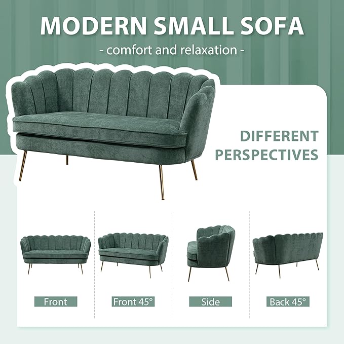 Aoiy &amp Wifon 59 W Comfy Small Loveseat for Small Spaces Upholstered 2-Seat Settee Loveseat with Metal Legs Chenille Green