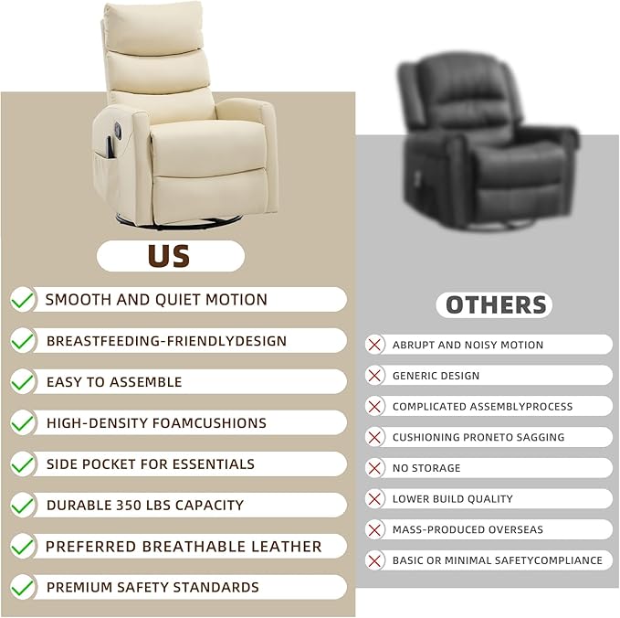 PELUMY 360° Swivel Rocker Recliner with Heat &amp Vibration Massage Glider Rocking Chair for Adults Compact Recliner for Living Room Small Spaces Nursery Bedroom (Breathable Leather Creamy Beig