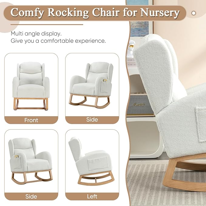 Rocking Glider Chair for Nursery Wingback Teddy Accent Rocker Chair Upholstered Tall Back Arm Chair w/Side Pockets Modern Leisure Single Sofa for Living Room Hotel Bedroom Baby Room Ivory