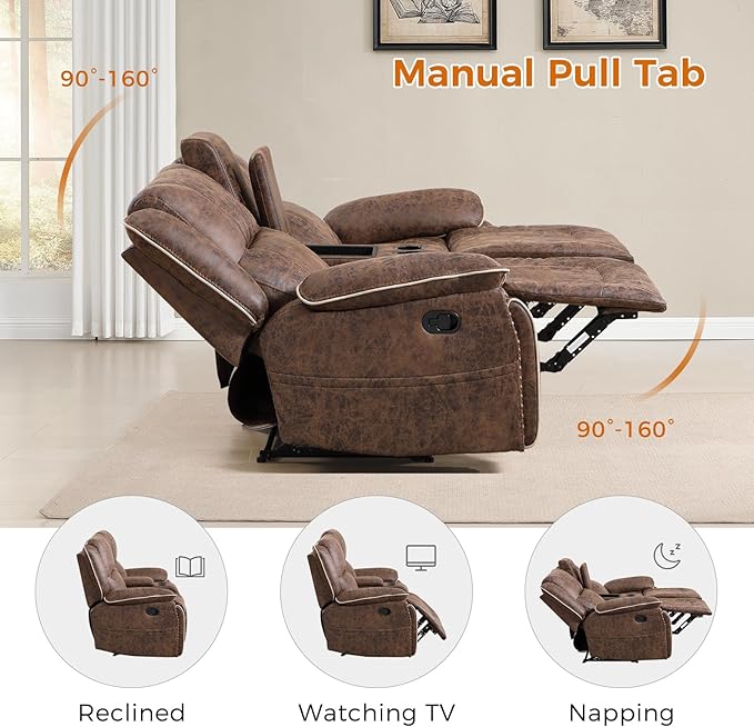 CANMOV Manual Recliner Chair Set Faux Leather Recliner Living Room Furniture Sets 2 Seater Reclining Sofa Chair with Hidden Storage and Cup Holders and Storage Pockets Brown