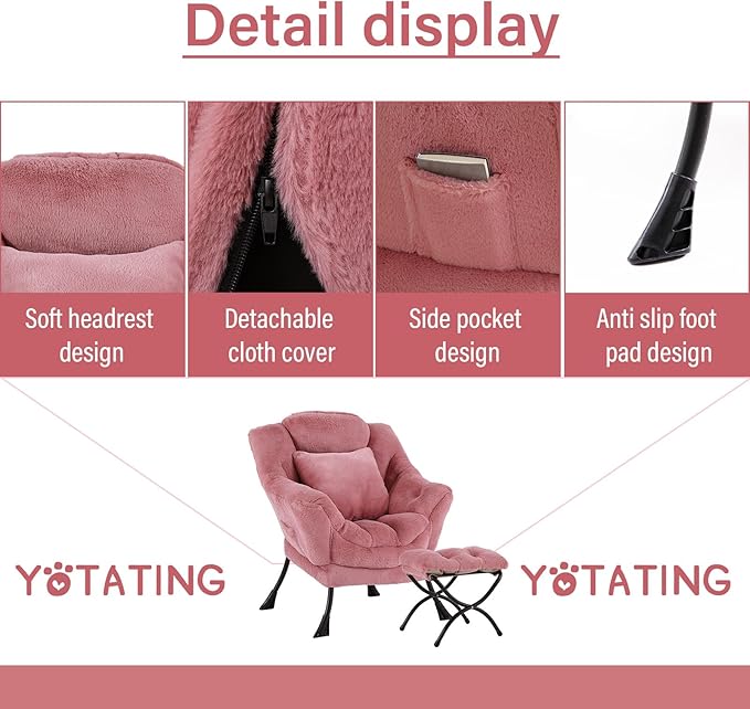 Lazy Chair with Ottoman Comfy Reading Lounge Chair with Footstool &amp Throw Pillow Modern with Armrests &amp Side Pocket for Living Room Bedroom Dorm Room Plush Dark Pink