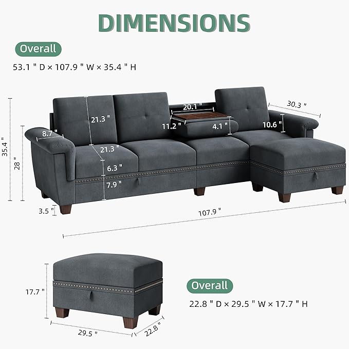 Shintenchi Sectional Couch Convertible L Shaped Couch with Storage Modular Sectional Sofa with Storage Ottoman for Living Room Apartment Office Dark Gray