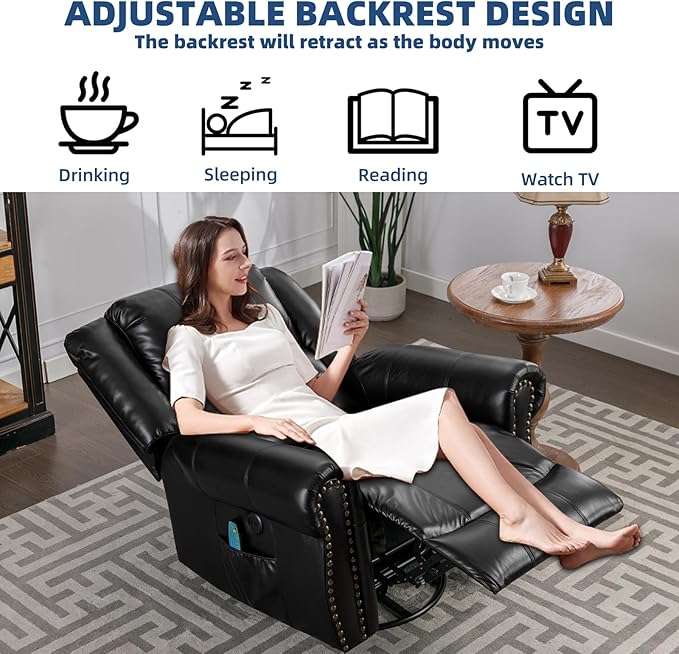 Swivel Rocker Recliner Chair with Heat and Vibration 360° Swivel Glider Rocker Manual Reclining Chair Massage Rocking Recliners with Side Pockets &amp USB Ports for Living Room Black