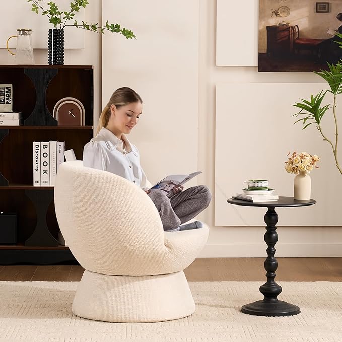 360° Swivel Boucle Bucket Chair Accent Barrel Makeup Vanity Chair Modern Lounge Single Sofa with Padded Armrest for Dining Room Living Room Bedroom and Home Office. (Beige)