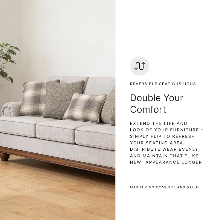 Signature Design by Ashley Meadowview Classic Upholstered Sofa with Reversible Seat Cushions 5 Accent Pillows and Rolled Armrest Light Gray